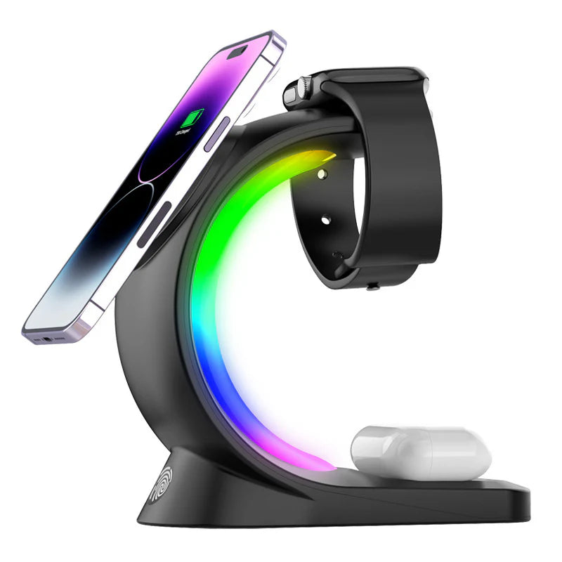3 in 1 Magnetic Wireless Charger Fast Charging for Smart Phone Atmosphere Light Charging Station for Airpods Pro I-Phone Watch