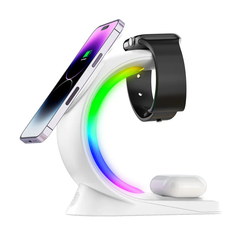 3 in 1 Magnetic Wireless Charger Fast Charging for Smart Phone Atmosphere Light Charging Station for Airpods Pro I-Phone Watch